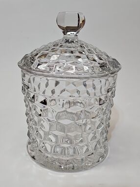 Vintage Fostoria American Clear Cube Motif Pressed Glass Cookie Jar & Lid